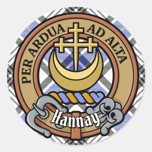 Clan Hannay Crest over Tartan Ronde Sticker (Voorkant)