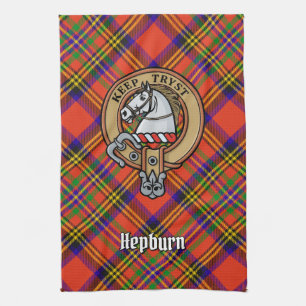 Clan Hepburn Crest over Tartan Theedoek