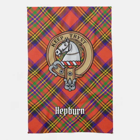 Clan Hepburn Crest over Tartan Theedoek (Verticaal)