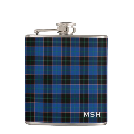 Clan Hume Tartan Blauw en Zwart Plaid Monogram Heupfles (Voorkant)