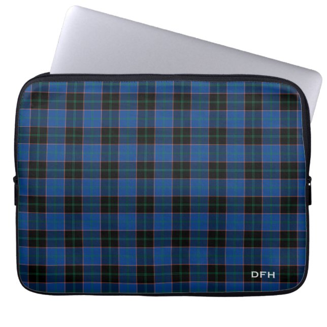 Clan Hume Tartan Blauw en Zwart Plaid Monogram Laptop Sleeve (Voorkant)