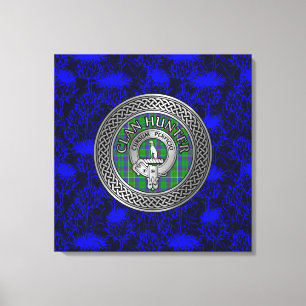 Clan Hunter Crest & Tartan Knot op Thistle Canvas Afdruk