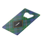 Clan Johnston Crest over Tartan Creditkaart Flessenopener (Voorkant Gekanteld)