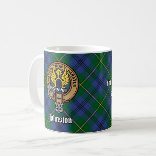 Clan Johnston Crest over Tartan Koffiemok (Voorkant links)