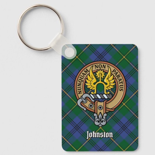 Clan Johnston Crest over Tartan Sleutelhanger (Voorkant)