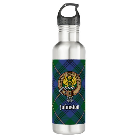 Clan Johnston Crest over Tartan Waterfles (Voorkant)