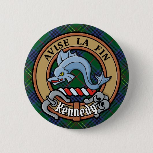Clan Kennedy Crest over Tartan Ronde Button 5,7 Cm (Voorkant)
