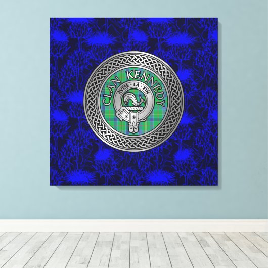 Clan Kennedy Crest & Tartan Knot op Thistle Canvas Afdruk (Insitu (Houten vloer))