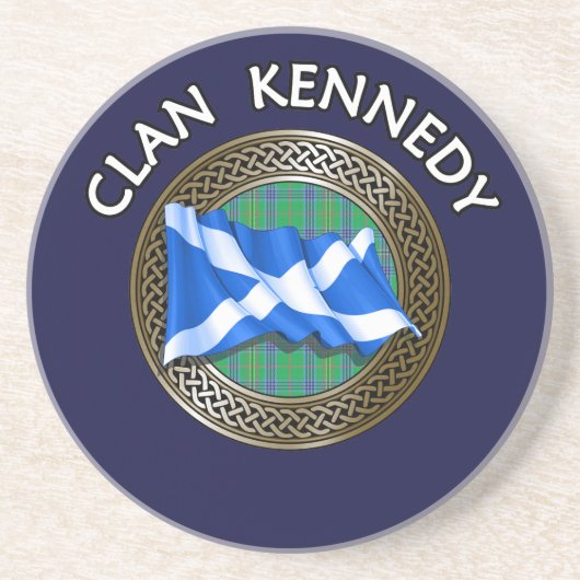 Clan Kennedy Tartan Knot & Flag Zandsteen Onderzetter (Voorkant)