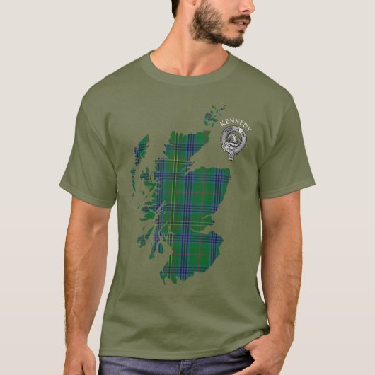 Clan Kennedy Tartan Map & Crest T-shirt (Voorkant)