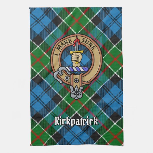 Clan Kirkpatrick Crest over Tartan Theedoek (Verticaal)