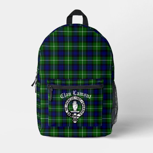 Clan Lamont Crest Badge en Tartan Bedrukte Rugzak (Voorkant)