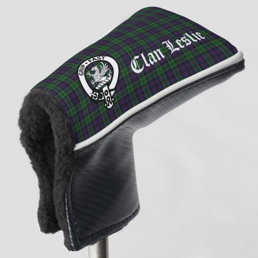 Clan Leslie Crest Badge en Tartan Golfheadcover (3/4 voorkant)