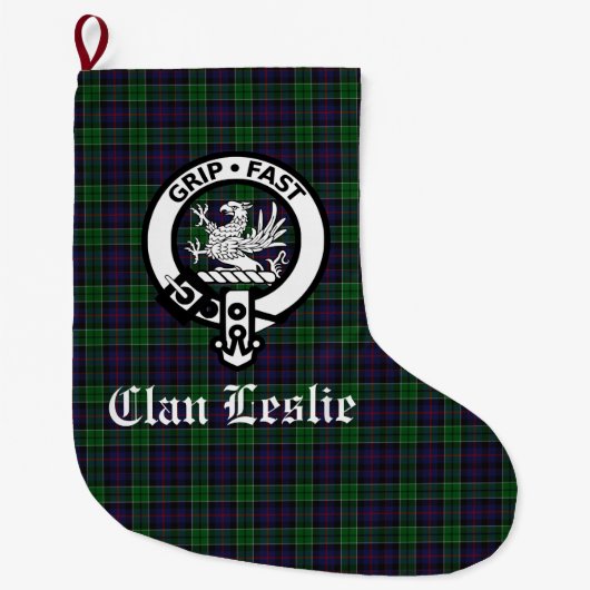 Clan Leslie Crest Badge en Tartan  Grote Kerstsok (Voorkant)