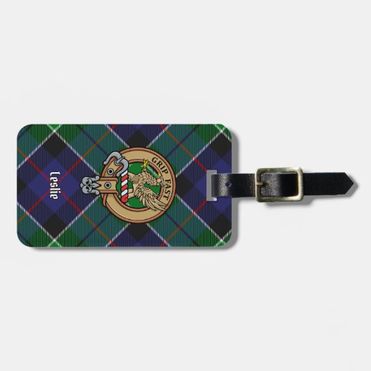 Clan Leslie Crest over de jacht op Tartan Bagagelabel (Voorkant horizontaal)