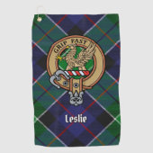 Clan Leslie Crest over de jacht op Tartan Golfhanddoek (Voorkant)