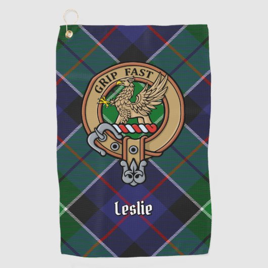 Clan Leslie Crest over de jacht op Tartan Golfhanddoek (Voorkant)