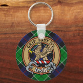 Clan Leslie Crest over de jacht op Tartan Sleutelhanger (Voorkant)