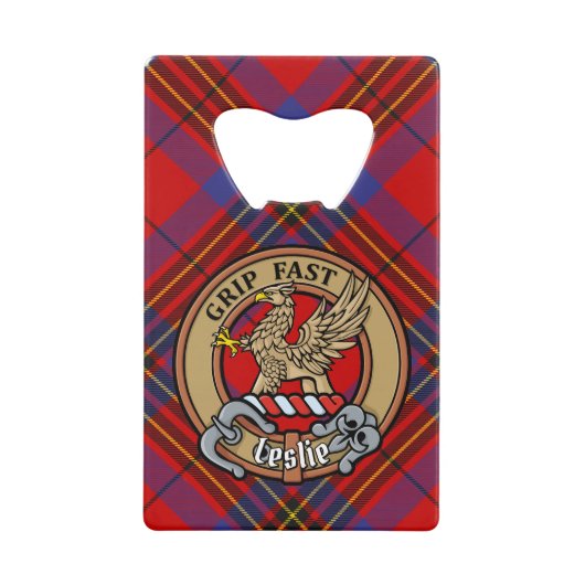 Clan Leslie Crest over Red Tartan Creditkaart Flessenopener (Voorkant)