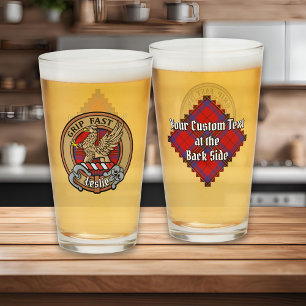 Clan Leslie Crest over Red Tartan Glas