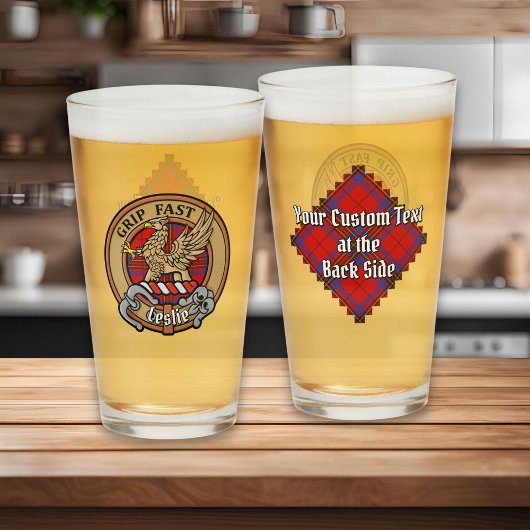 Clan Leslie Crest over Red Tartan Glas
