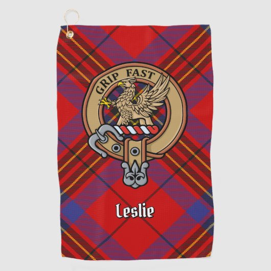 Clan Leslie Crest over Red Tartan Golfhanddoek (Voorkant)