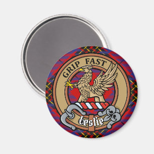 Clan Leslie Crest over Red Tartan Magneet