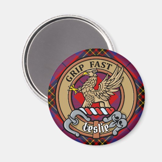 Clan Leslie Crest over Red Tartan Magneet (Voorkant / Achterkant)