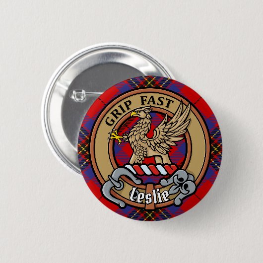 Clan Leslie Crest over Red Tartan Ronde Button 5,7 Cm (Voorkant /achterkant)