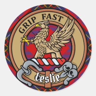 Clan Leslie Crest over Red Tartan Ronde Sticker