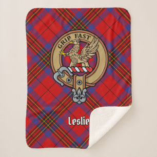 Clan Leslie Crest over Red Tartan Sherpa Deken