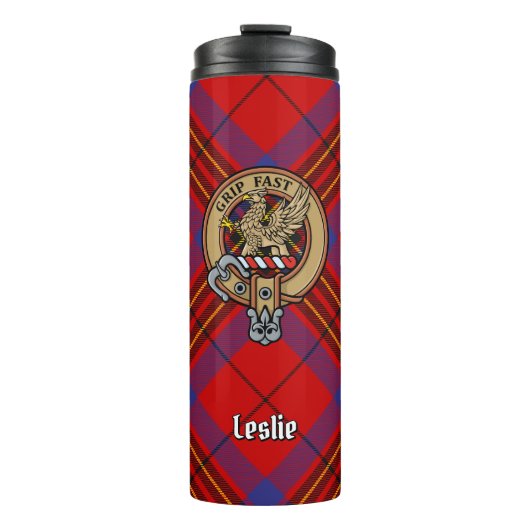 Clan Leslie Crest over Red Tartan Thermosbeker (Voorkant)