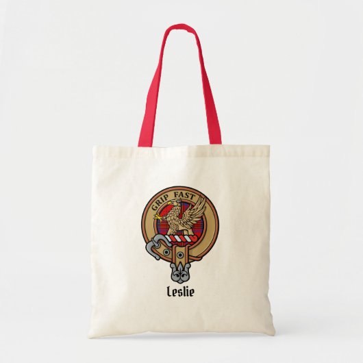 Clan Leslie Crest over Red Tartan Tote Bag (Voorkant)