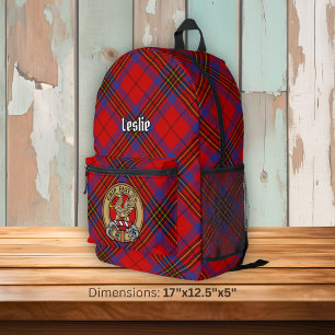 Clan Leslie-wapen over rode tartan Bedrukte Rugzak