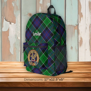 Clan Leslie Wapenschild boven Hunting Tartan Bedrukte Rugzak