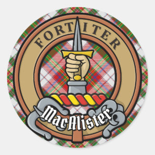 Clan MacAlister Crest over Jurk Tartan Ronde Sticker