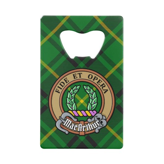 Clan MacArthur Crest over Tartan Creditkaart Flessenopener (Voorkant)
