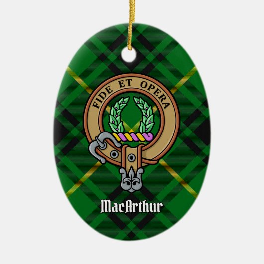 Clan MacArthur Crest over Tartan Keramisch Ornament (Voorkant)