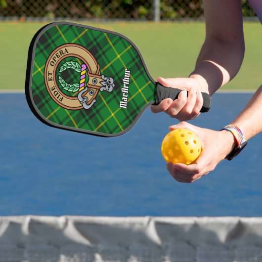 Clan MacArthur Crest over tartan Pickleball Paddle (Insitu)