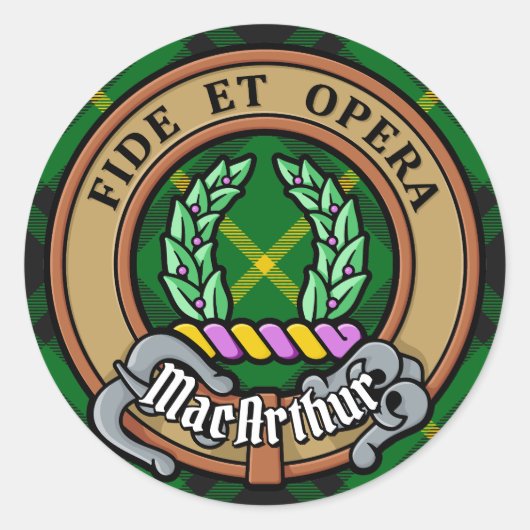 Clan MacArthur Crest over Tartan Ronde Sticker (Voorkant)
