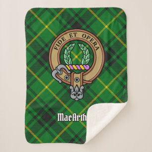 Clan MacArthur Crest over Tartan Sherpa Deken