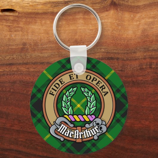 Clan MacArthur Crest over Tartan Sleutelhanger (Voorkant)