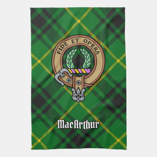 Clan MacArthur Crest over Tartan Theedoek (Verticaal)