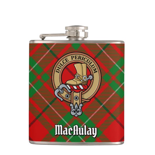 Clan MacAulay Crest boven Tartan Heupfles (Voorkant)