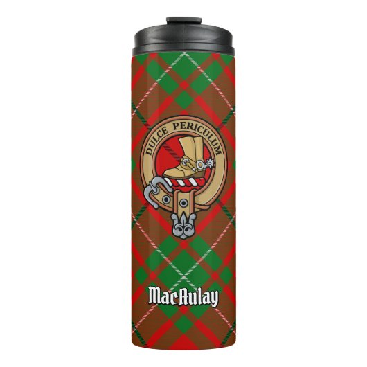 Clan MacAulay Crest boven Tartan Thermosbeker (Voorkant)