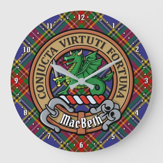 Clan MacBeth Crest over Tartan Grote Klok (Voorkant)
