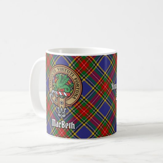 Clan MacBeth Crest over Tartan Koffiemok (Voorkant links)