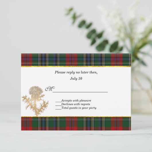 Clan MacClain Tartan Thistle Bruiloft RSVP (Staand voorkant)