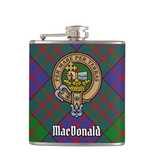 Clan MacDonald Crest over Tartan Heupfles (Voorkant)