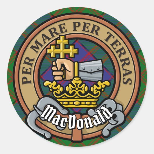 Clan MacDonald Crest over Tartan Ronde Sticker (Voorkant)